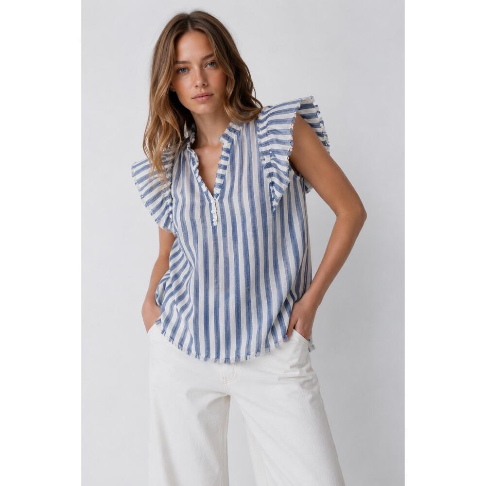 Melissa Nepton Stella Blue Stripe Ruffle Linen Blend Boho Coastal Top Lux Medium